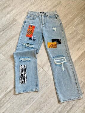 Cider Patchwork Distressed Straight Leg Jeans Light Wash High Rise Size M